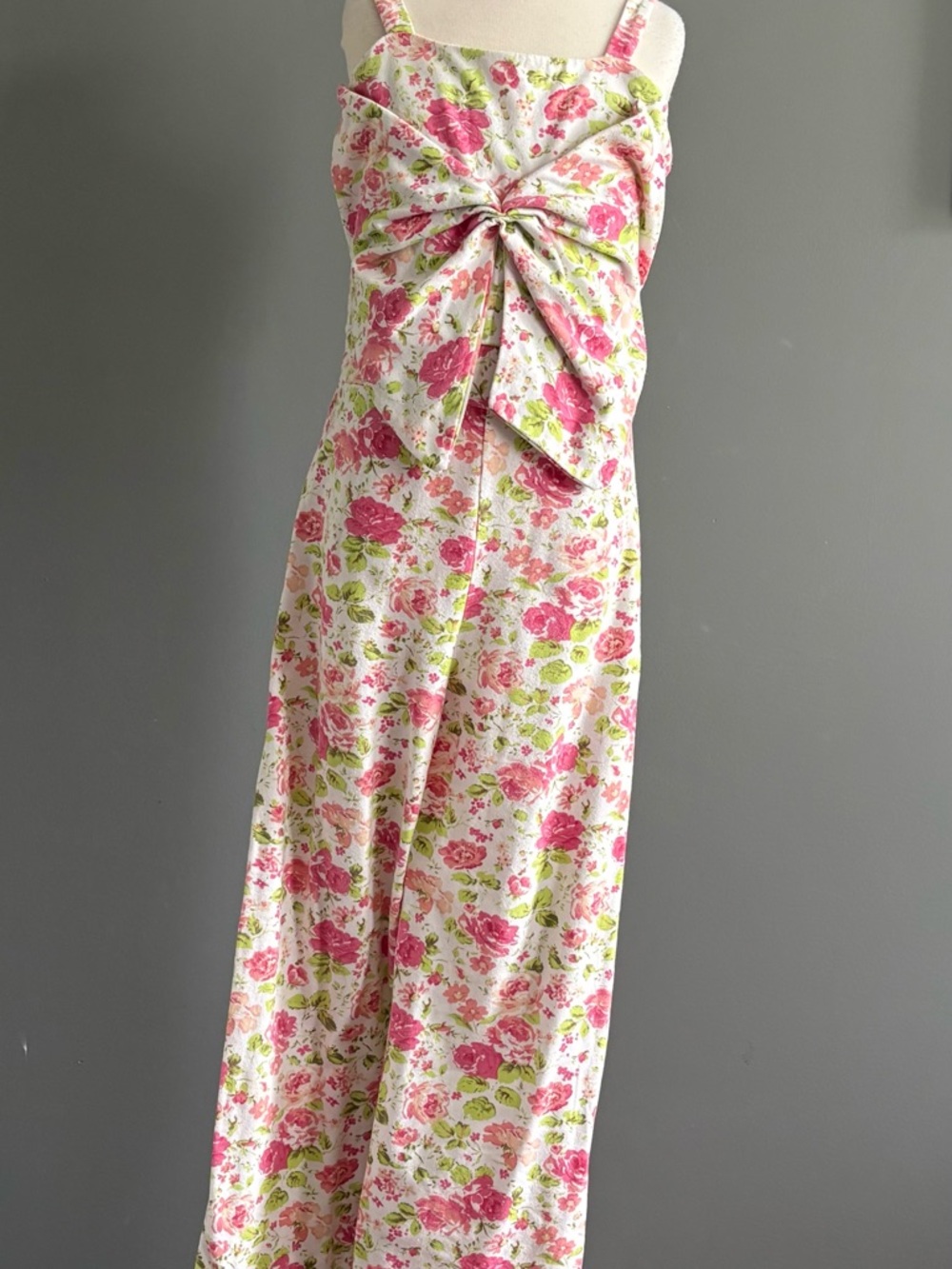 Laura Ashley floral bow-front girls cotton jumpsuit in pink and lime